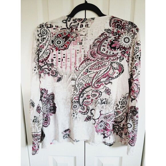 Chico's 1 Tan Paisley Top Pink Maroon L/S Round Neck Stretch Medium‎ Cotton Blnd - Picture 2 of 6